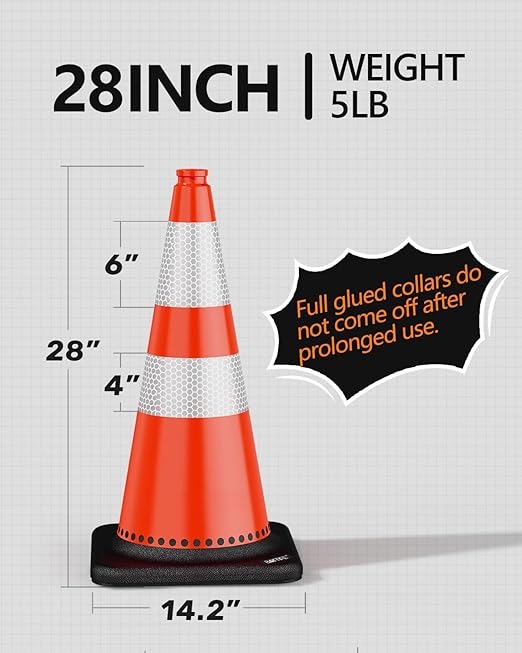 (24 Pack) BATTIFE Traffic Cones 28 Inch with Black Weighted Base, PVC Orange Cone for Traffic Control, Construction Events, Driveway Road Parking Lot