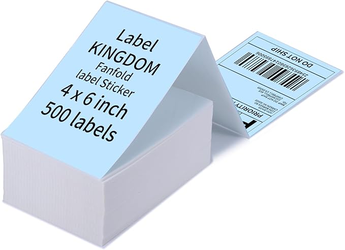 Label KINGDOM Thermal Label Printer Paper, 4"x 6" 500-Fanfold Blue Stickers for Polono, Phomemo Direct Thermal Printer for Shipping Address Label, 1 Roll