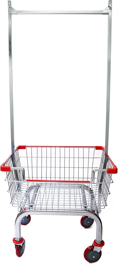 Laundry Cart Chrome Coated with Double Pole Rack, 2.5-Bu (Red or Blue Trim) (Red)