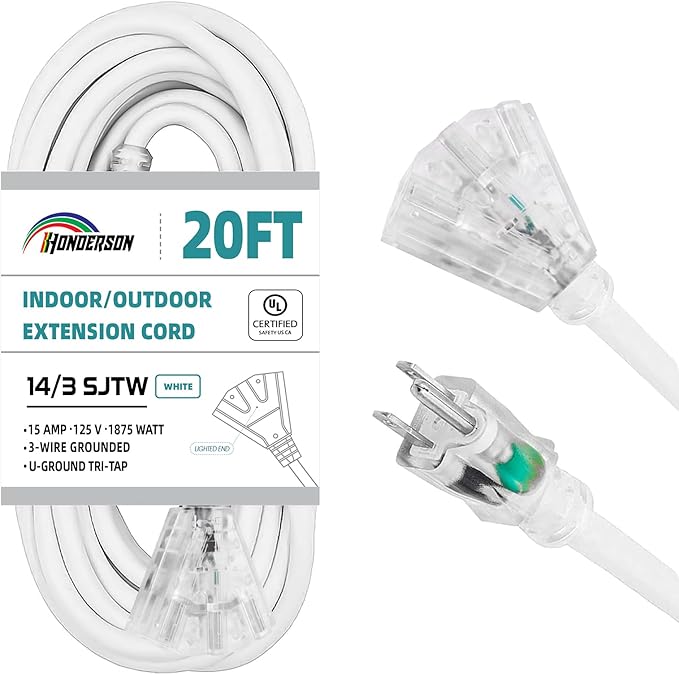 3-Outlets Indoor Outdoor Extension Cord Weatherproof with Lighted End, UL Listed, 14 Gauge 20FT White 3 Prong Heavy Duty, 14/3 SJTW 15A Power Cord