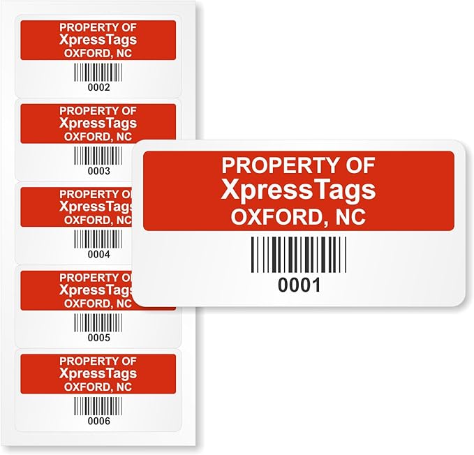 XpressTags 1" x 2" Sequentially Barcoded Custom Asset Tags, Fixed Inventory Asset Labels with Serial Number, Permanent Adhesive Vinyl Stickers - Pack Sizes 100 to 5000, Made in USA