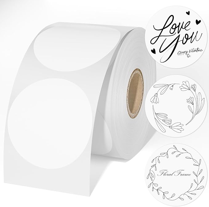 CLASSY Circle Thermal Sticker Labels, 2" Thermal Stickers, Multi-Purpose Round Direct Thermal Labels for Name Tag, Small Business Labeling, Inventory and Color Coding, 750 Labels/1 Roll,White