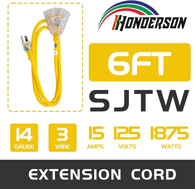 3-Outlets Indoor Outdoor Extension Cord Weatherproof with Lighted End, UL Listed, 14 Gauge 6FT Yellow 3 Prong Heavy Duty, 14/3 SJTW 15A Power Cord
