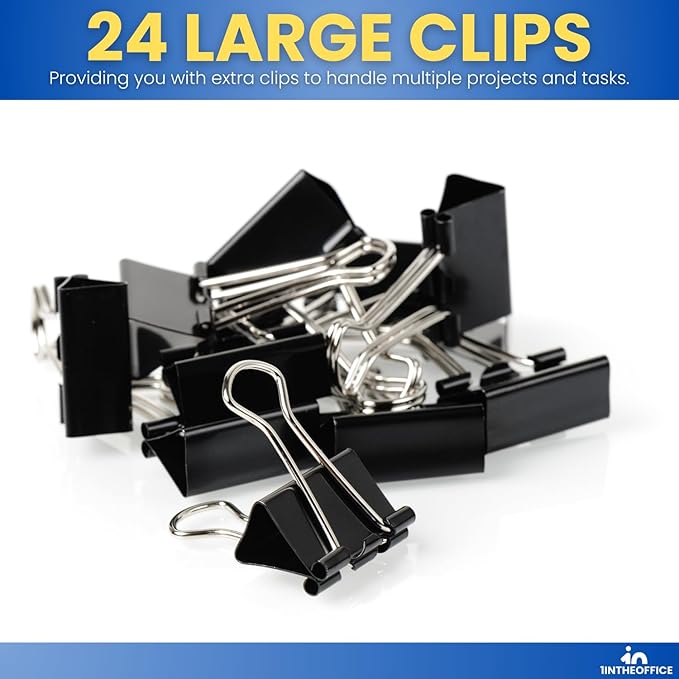 1InTheOffice Large Binder Clips, Paper Clamps, Paper Binder Clips, 1" Capacity, Metal, Black, 24 Pack