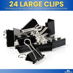 1InTheOffice Large Binder Clips, Paper Clamps, Paper Binder Clips, 1" Capacity, Metal, Black, 24 Pack