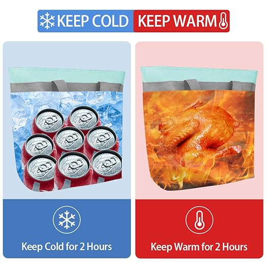 2Pk Insulated Reusable Tote Bag for Grocery Shopping for Women/Men, Pizza/Food Delivery Bag to Keep Food Cold/Hot for Professional Catering, Cooler bags for Travel/Beach/Picnic, Green