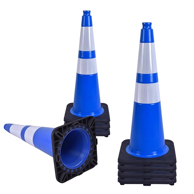 8 Pack 28 Inch Blue PVC Safety Cones Weighted Black Base, Perfect for Sports Field Dividers, Warehouse Use, Parking Management, Road Safety (8, Blue, 28 Inch)