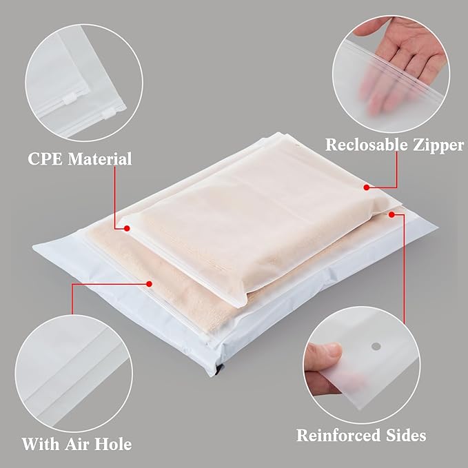 Outus 50 Pcs Mailers with 50 Pcs Poly Zipper Clothes Packaging Bags 4 Sizes Self Adhesive Shipping Mailers Frosted Zipper Plastic Bags for Clothing Small Business Flexible Mailing