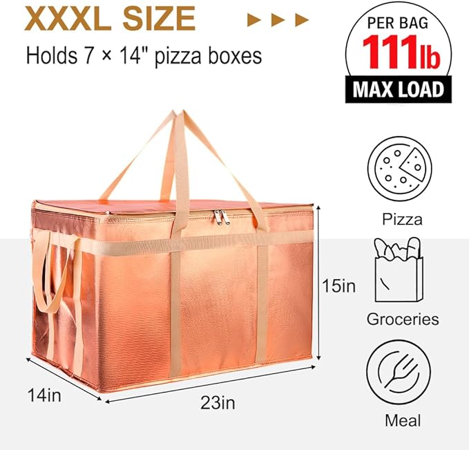 XXXL Insulated Food Delivery Bag - Reusable Thermal Cooler Grocery Bags for Catering & Delivery, Pizza Carrier for Events, Large Capacity Bag Keeps Food Hot/Cold for Shopping, Commercial (Gold, 1PK)