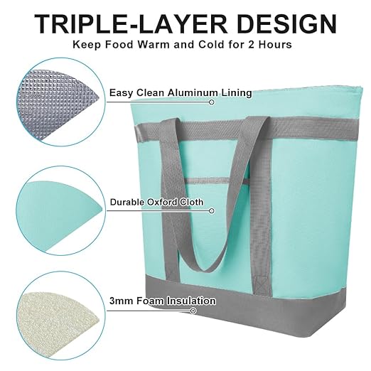 Insulated Reusable Tote Bag for Grocery Shopping for Women/Men, Pizza/Food Delivery Bag to Keep Food Cold/Hot for Commercial Food Transport, Cooler bags for Travel/Beach/Picnic, Green