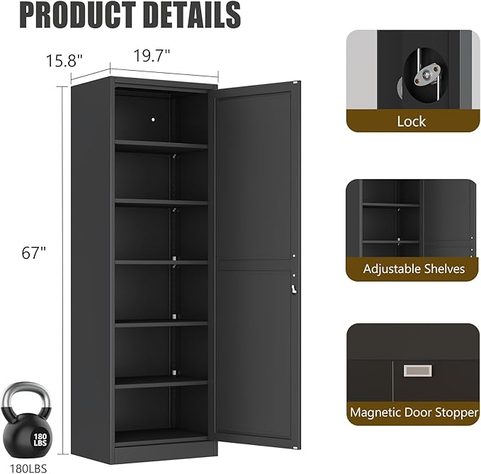 Metal Locker Cabinet, 19.7’’W Narrow Lockable Single File Storage Cabinet, Bathroom Cabinet with Lock and Adjustable Shelves for Living Room, Home Office, Kitchen, Black