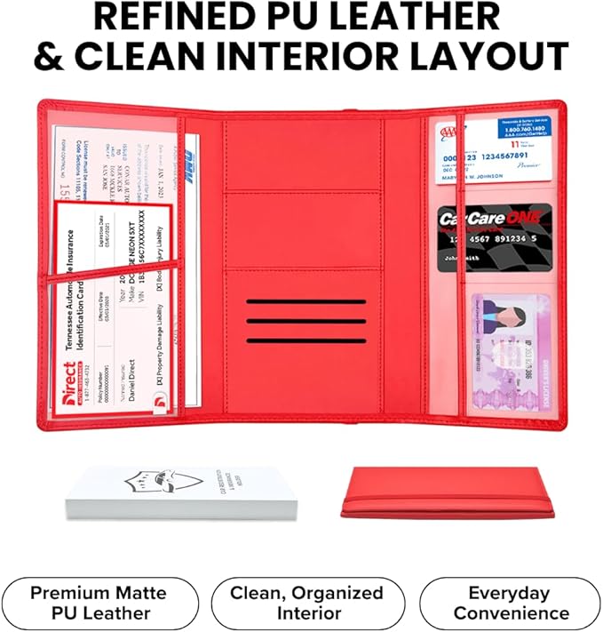 LINTRU Car Registration and Insurance Holder Trifold, Oversized Fit with Reinforced Construction, Matte PU Leather Vehicle Glove Box Organizer for Documents, Car Accessories for Men and Women