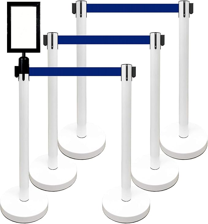 Retractable Stanchion, 6 SPECIALTY Posts + Signframe, 36" Ht, 78" Special Event & Holiday Theme Belt + Bonus Replacement Cassettes + Wall Receiver (WHT Post/Blue Belt)