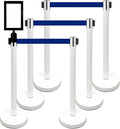 Retractable Stanchion, 6 SPECIALTY Posts + Signframe, 36" Ht, 78" Special Event & Holiday Theme Belt + Bonus Replacement Cassettes + Wall Receiver (WHT Post/Blue Belt)