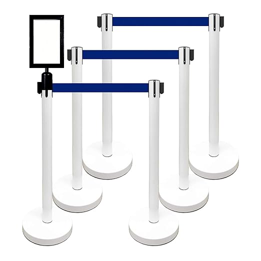 VIP Crowd Control Retractable Belt Stanchion Queue Safety Barrier Set, 36" Ht, 78" Belt + Wall Bracket (6 WHT Posts Blue Belt + SFrame + WBracket)