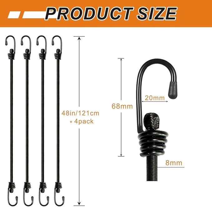 Bungee Cords with Hooks, Heavy Duty Outdoor Elastic Bungee Straps，No Odour Industrial Grade Bungee Rope for Securing Tarps, Luggage, Tents, Bikes or Garden Tidying 48inch 4Pcs (Black)