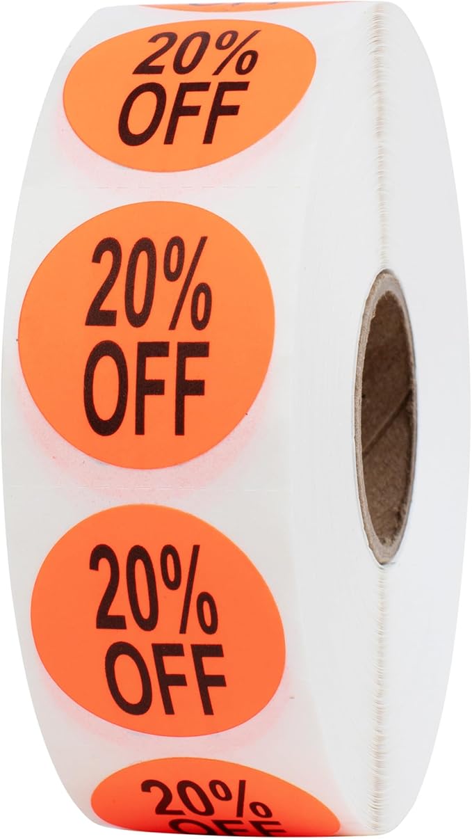 Perco Fluorescent Red 1-Inch Circle 20 Percent Off Retail Price Stickers—1,000 Perforated Labels per Roll—Ideal for Storefronts, Merchandising, Flea Markets, Discount Marking, Clearance—Made in USA