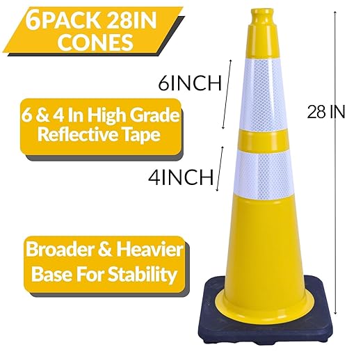BESEA 6PACK 28 inch Traffic Safety Cones Yellow Road Parking Cones 28" Heavy Duty Construction Cone Structurally Stable for Traffic Control at Public Place(6PCS)