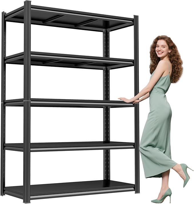 72"H Storage Shelves heavy duty 2535LBS Garage Shelving adjustable metal shel 5 tier shelving Unit metal storage rack for Basement, Warehouse, Pantry, Closet, Kitchen 72" H x 39.4" W x 13.8" D, Black