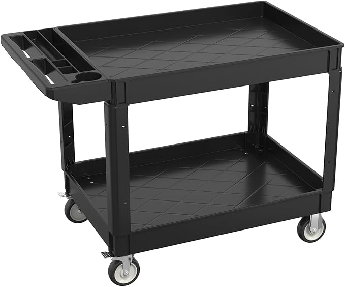 550LBS Utility Cart, 2-Tier 46x25 Inch Utility Cart with Wheels,Heavy Duty Service Cart-Lipped Shelves,Ergonomic Storage Handle and Swivel Wheels for Warehouse, Garage, Cleaning,Black