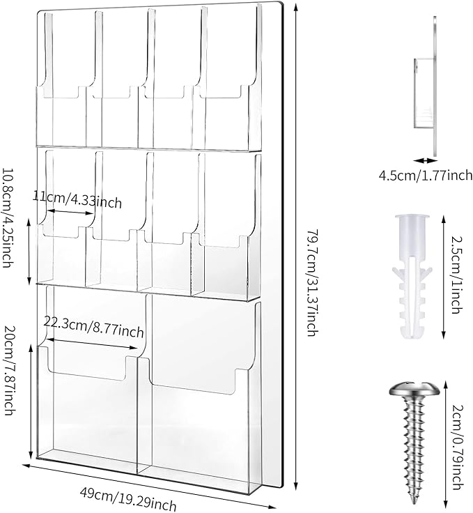 Weysat Acrylic Brochure Holder Wall Mount, Clear Plastic Pamphlet Holder Magazine Display Trifold Flyer Rack Hanging Literature Storage Organizer(2 Magazine Pockets, 8 Pamphlet Pockets)