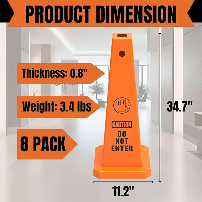 Do Not Enter Sign, 26.4-Inch Safety Cone, Orange Plastic, High-Visibility, Weatherproof, Slip-Resistant Base, Stackable, Traffic Warning Sign -8 Pack