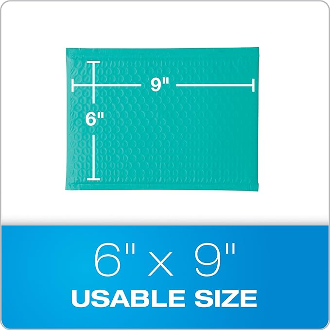 Quality Park Bubble Mailers, 6 x 9 Inch, Teal Poly Mailers, Padded Envelopes, Shipping Envelopes, Water Resistant, Self Seal, 50 Per Box (QUA85857)