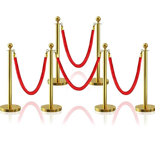 6Pcs Gold Stanchion Post Queue Velvet Ropes and Posts with Soild Base and 4pcs 5 Ft Red Velvet Ropes Carpet Ropes Posts Stanchion Set Crowd Control Barriers for Party Supplies