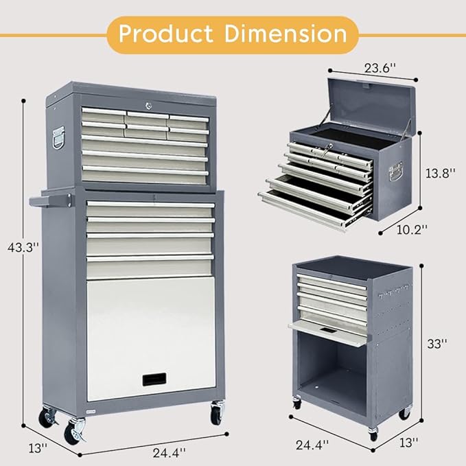 13-Drawer Rolling Tool Chest, 2 in 1 Side-Opening Tool Chest,Tool Box with Drawers and Wheels, Large Tool Cabinet with Lock, Metal Standing Toolbox for Garage Workshop-Side Gray