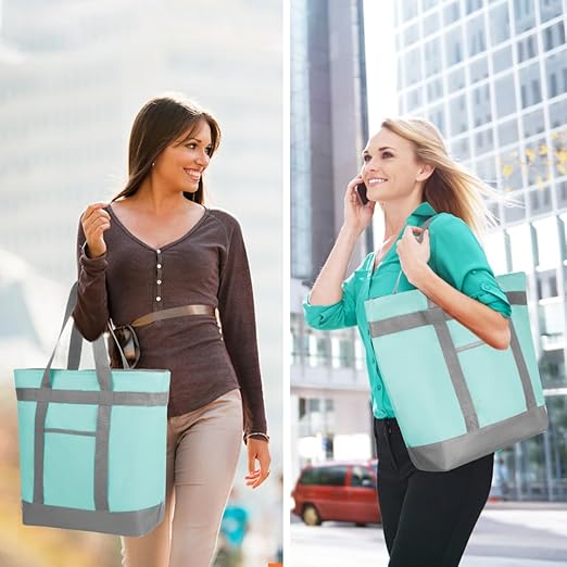 2Pk Insulated Reusable Tote Bag for Grocery Shopping for Women/Men, Pizza/Food Delivery Bag to Keep Food Cold/Hot for Professional Catering, Cooler bags for Travel/Beach/Picnic, Green