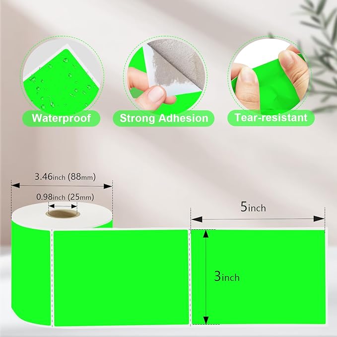 3 X 5 Inch Printable Waterproof Rectangle Color Coding Labels, 300 Per Roll Adhesive Color Coding Stickers for Bar-Codes, Address, Small Business Labeling, Inventory, Fluorescent Green