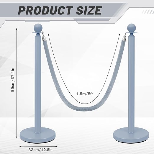 Ferraycle 4 Pcs Stainless Steel Stanchions Post Queue 38 Inch, 5 ft Velvet Rope Carpet Ropes and Pole, Control Barriers for Wedding Birthday Party Decoration Sand Injection Hollow Base Set (Gray Blue)