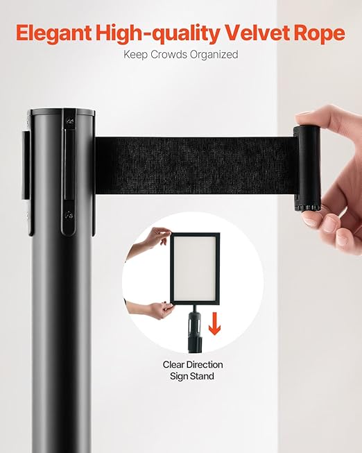 VEVOR Stanchion Post, 8 Pcs Stanchions with Retractable Belts, Carbon Steel Black Stanchions Queue with Sand Injection Hollow Base, Crowd Control Barriers for Theaters, Parties, Weddings, Exhibitions