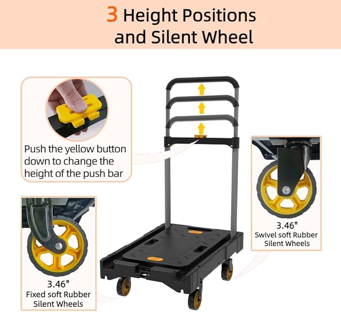 Platform Truck Folding Hand Truck 330 LB Heavy Duty Utility Dolly Flatbed Luggage Push Cart Fully Folded Compact Cart, Portable Trolley with 1 Elastic Ropes, Easy Storage & Lightweight for Moving