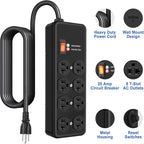 Heavy Duty Surge Protector 20Amp,Metal Power Strip with 8 Outlets,Wall Mount Surge Protector 4800J,12 Gauge 6FT Extension Cord 5-15P Adapter Workshop & Industrial Use with 6-20R T-Slot Outlets