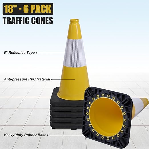 6 Pack 18" Inch Yellow PVC Traffic Cones with Heavy-Duty Base, High-Visibility All-Weather Safety Cones for Road Construction, Parking Lot, and Garage Use (6, Yellow, 18" Medium)