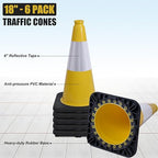 6 Pack 18" Inch Yellow PVC Traffic Cones with Heavy-Duty Base, High-Visibility All-Weather Safety Cones for Road Construction, Parking Lot, and Garage Use (6, Yellow, 18" Medium)