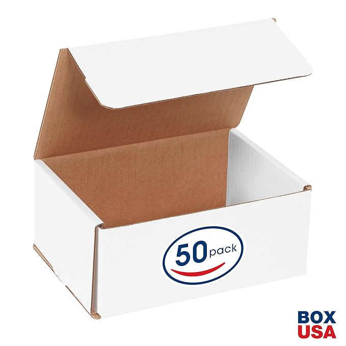 Box USA Small Shipping Boxes 7" x 5" x 3", 50-Pack, Bulk - White Box Mailer for Packaging, or Small Business Mailing 7x5x3