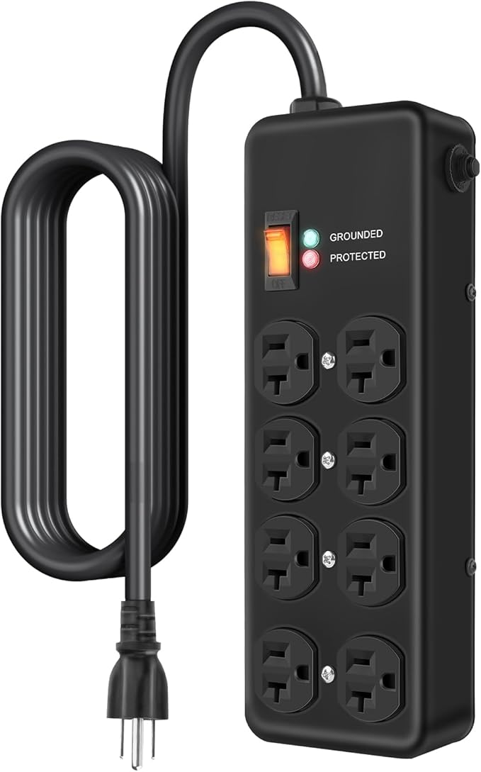 Heavy Duty Surge Protector 20Amp,Metal Power Strip with 8 Outlets,Wall Mount Surge Protector 4800J,12 Gauge 6FT Extension Cord 5-15P Adapter Workshop & Industrial Use with 6-20R T-Slot Outlets
