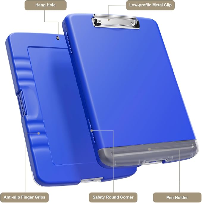 Piasoenc Clipboard with Storage, 8.5 x 11 Organization Box with Pen Holder and A4 Legal Paper Folder, Heavy Duty Plastic, Folio & Side-Opening, Low Profile Clip for Nurses, Teachers,Deep Lake Blue