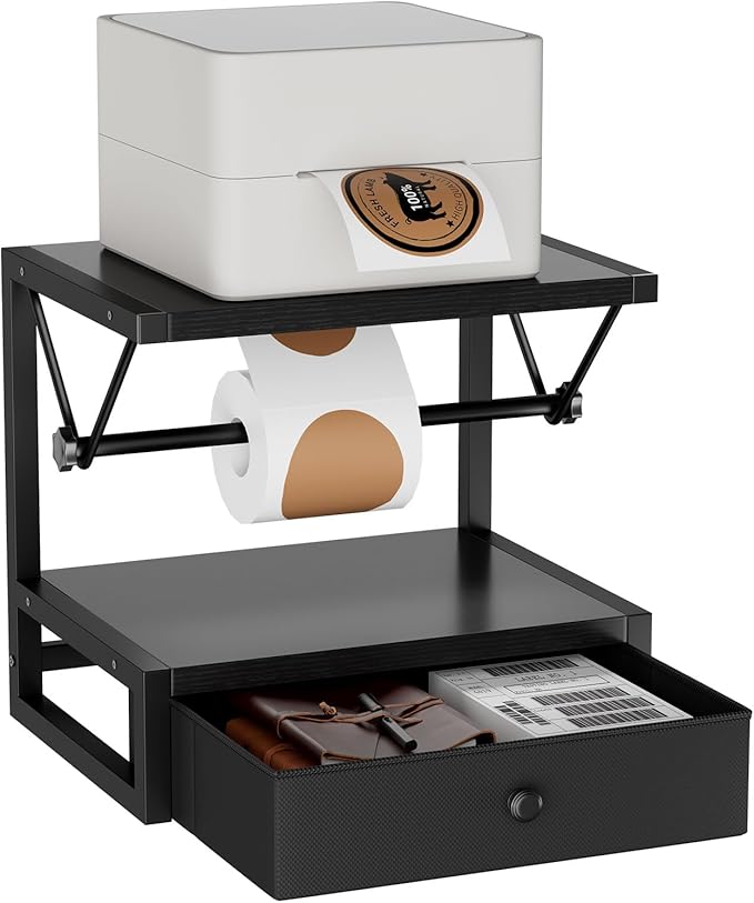IBUYKE Label Holder for Rolls and Fan-Fold Labels,Wooden Thermal Shipping Label Stand With Drawer Desktop Printer Holder for Home, Office, Small Business,Black TPS003B