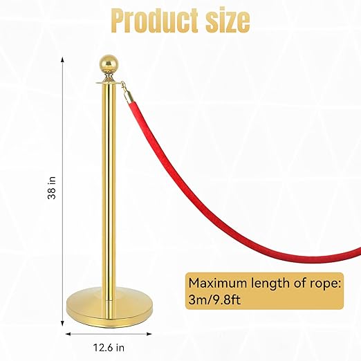 2Pack Stainless Steel Stanchion Posts 9.8ft Red Velvet Rope Suitable for theaters, stadiums and Other venues Easy to Install Gold