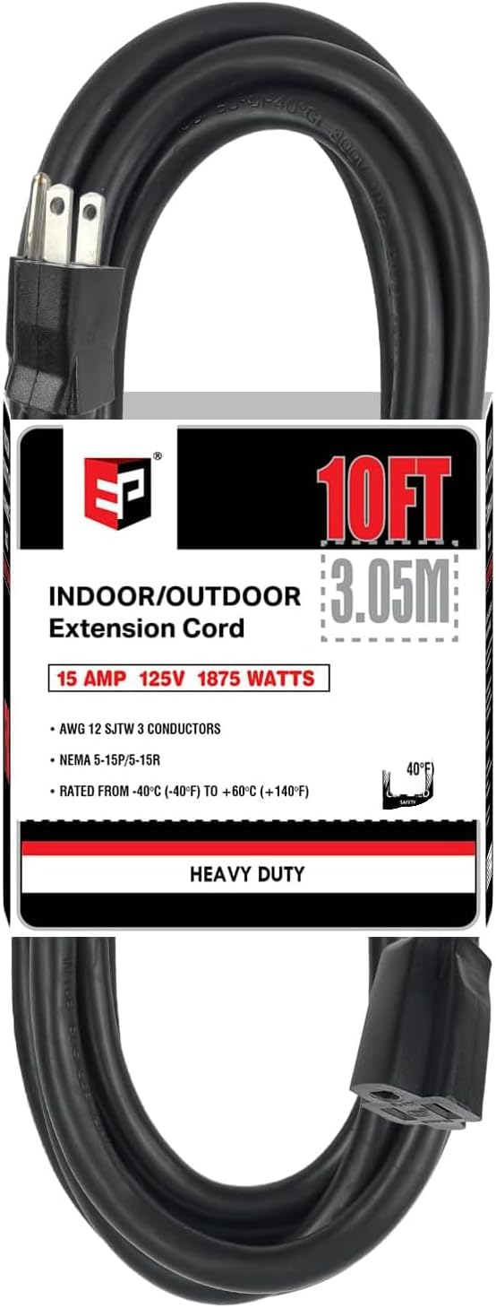 EP 10 Ft Outdoor Extension Cord - 12/3 SJTW Heavy Duty Black Extension Cable with 3 Prong Grounded Plug - Power Cord for Lawn, Garden, Appliances