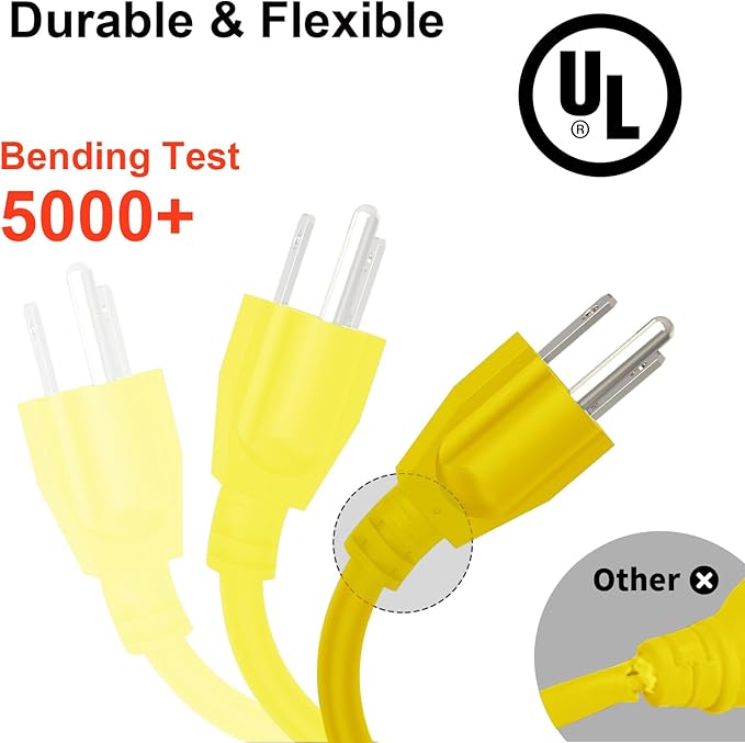 Outdoor Extension Cord Waterproof 100 FT, Yellow 12/3 SJTW Heavy Duty, Flexible 100% Copper 3 Prong Extension Cord for Lawn, Garage,UL Listed
