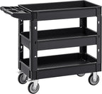 VEVOR Utility Cart, 3-Tier Plastic Service Cart with 550LBS Capacity, 360° Swivel Casters (Including 2 Locking Wheels), Medium Lipped Shelves, Ergonomic Handle, for Garage, Warehouse, Cleaning Tasks