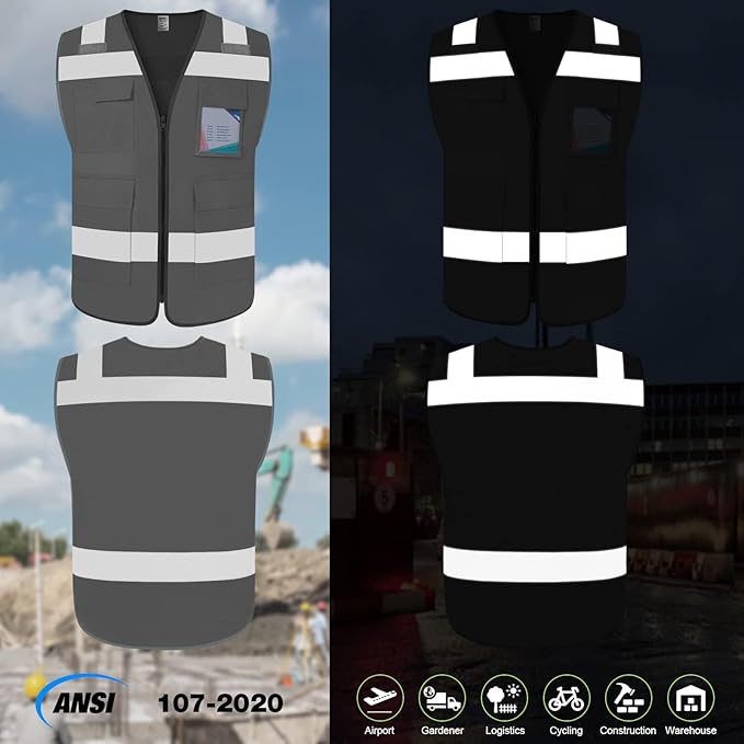 TCCFCCT Reflective Safety Vest with 5 Pockets High Visibility Vest for Men Women, Work Vest with Horizontal Strip for Walkie-talkie and ID Card, Meets ANSI/ISEA Standards, Grey, 4XL