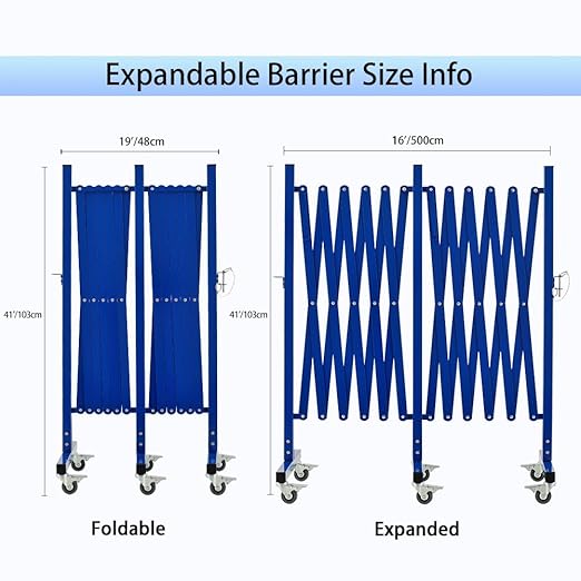 GYMTIME Industrial Expandable Metal Barricade, 16 FT, Blue, Folding Security Gate Safety Barrier with Casters, Flexible Mobile Barrier Gate, Adjustable Traffic Fence