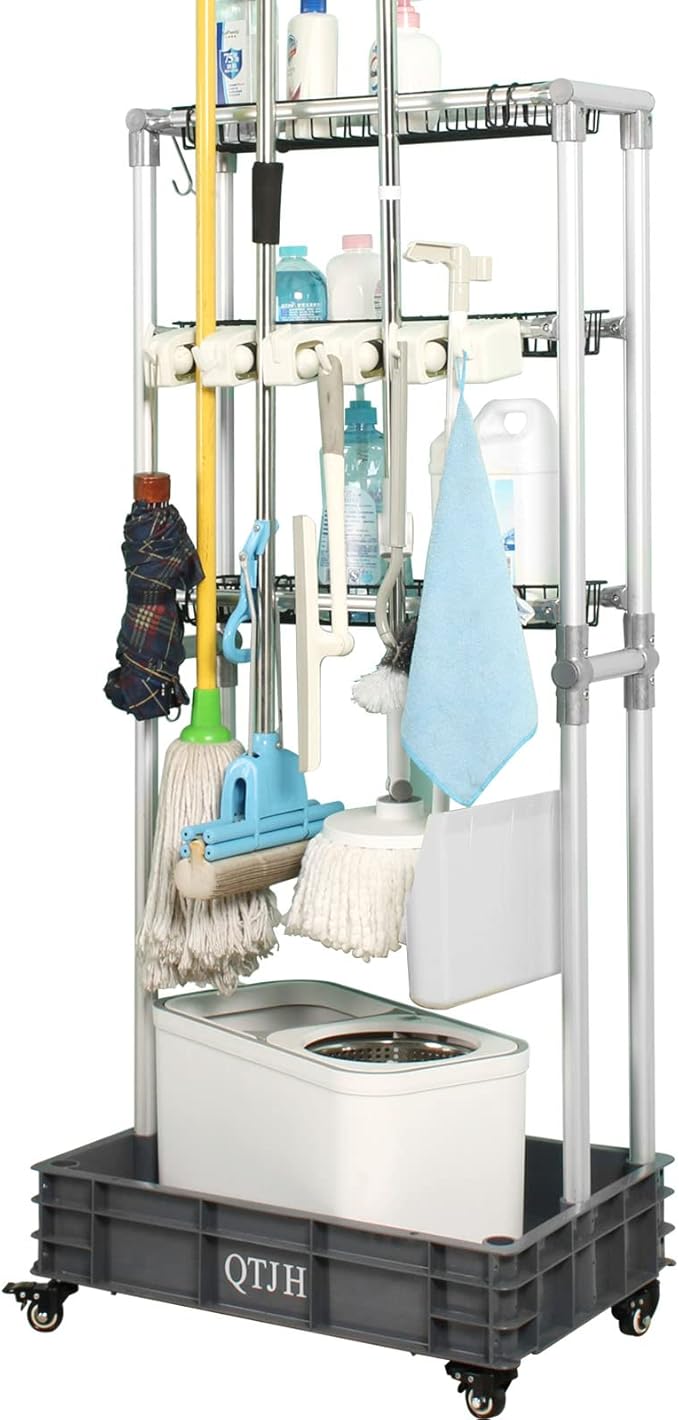 Storage Shelf Broom mop Holder Hold Your Cleaning Supplies Janitorial cart Steel Organizer Wire Rack