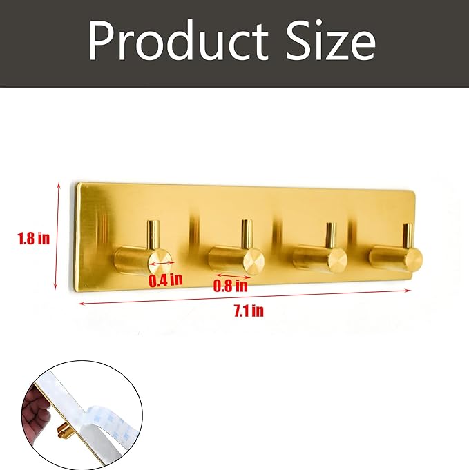 Kingdong Key Holder for Wall 304 Stainless Key Hooks Adhesive Key Holder Wall Mount Key Hanger with 4 Heavy Duty Hooks Key Organizer for Kitchen, Bedroom, Bathroom (Gold(4 Hooks))