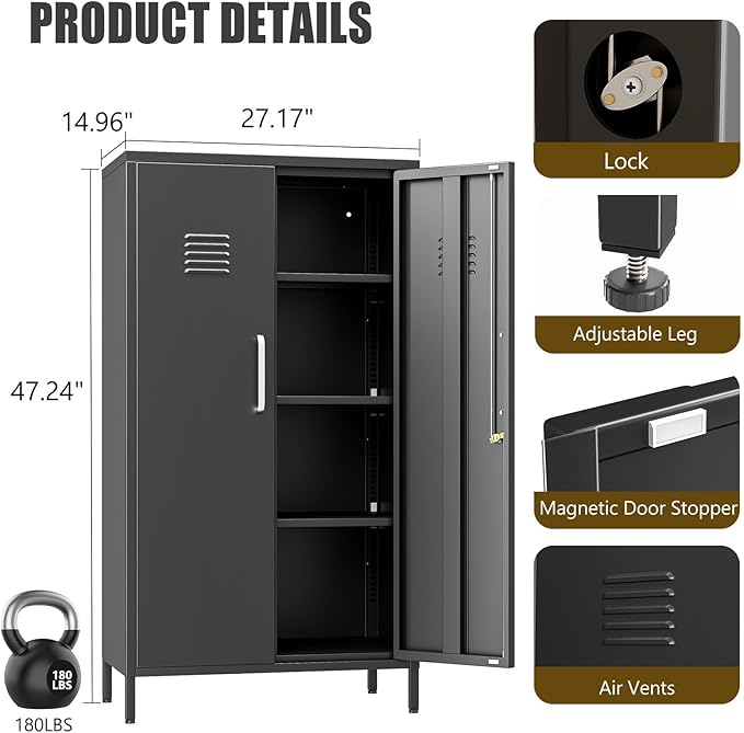 Metal Locker Cabinet, 27" W Bathroom Storage Cabinet, Vertical Steel Storage Cabinet with Locking Door and 3 Adjustable Shelves, Garage Tool File Lockers for Home Office, Garage, Bathroom, Black